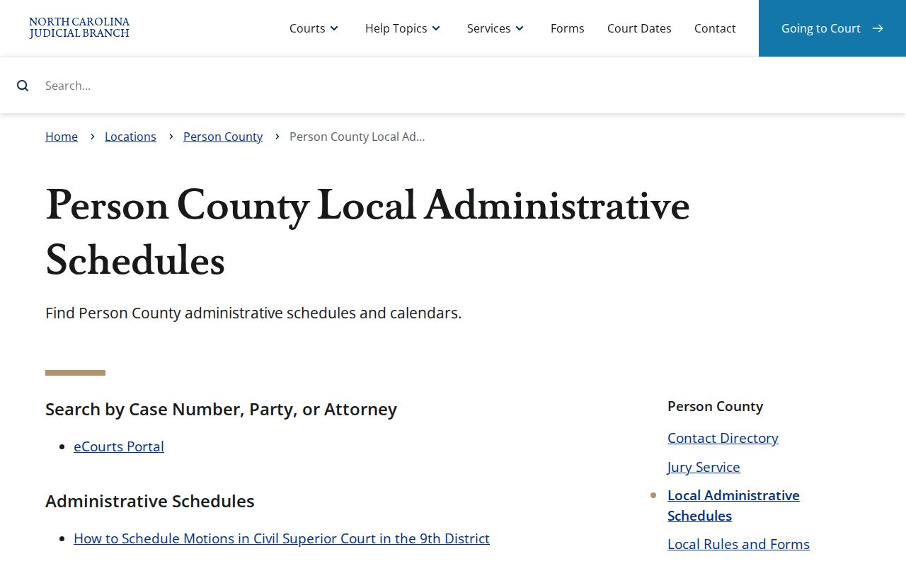 Person County criminal court calendar and case schedule access