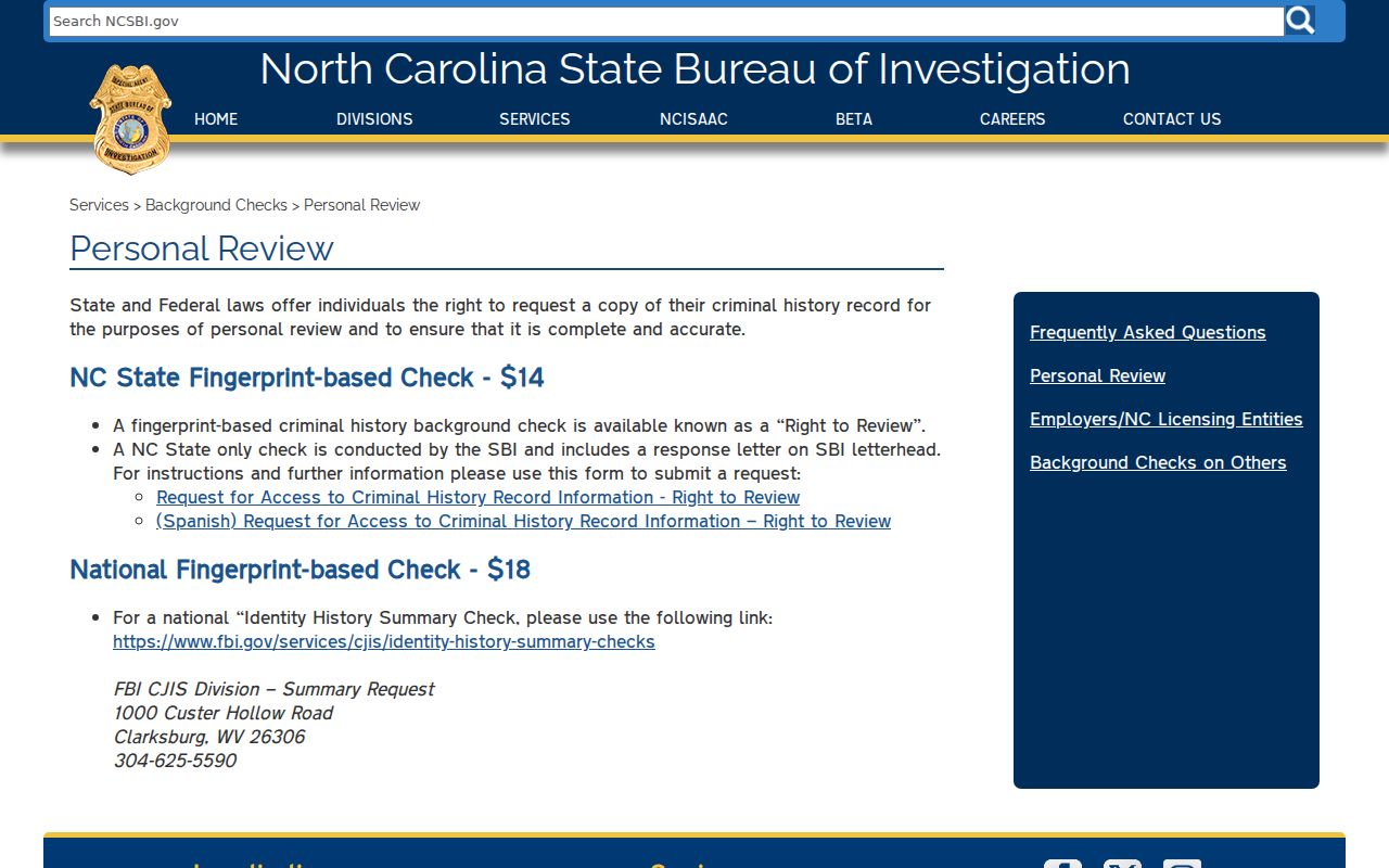 SBI Right to Review steps for a Person County criminal history record