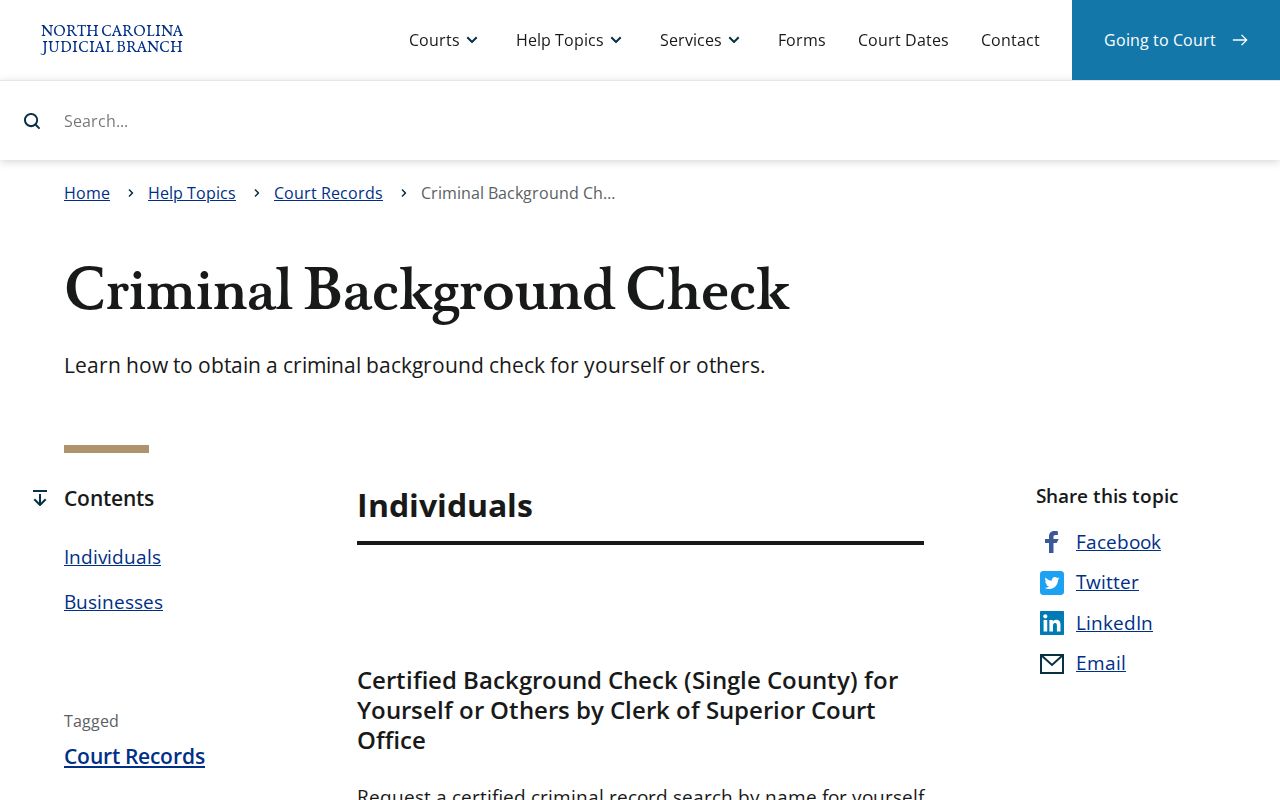 Person County criminal history options on the North Carolina court background check page