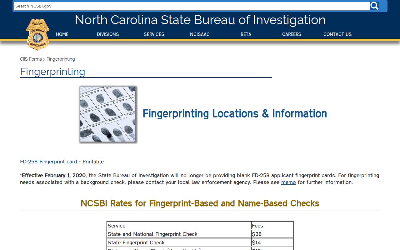 North Carolina fingerprint channels for a Person County criminal history check